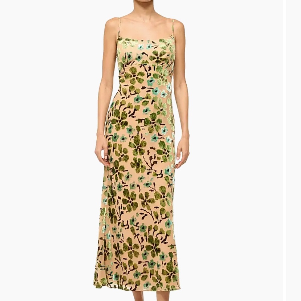 Staud size 12 Dianna midi slip dress floral burnout velvet tan green NEW
